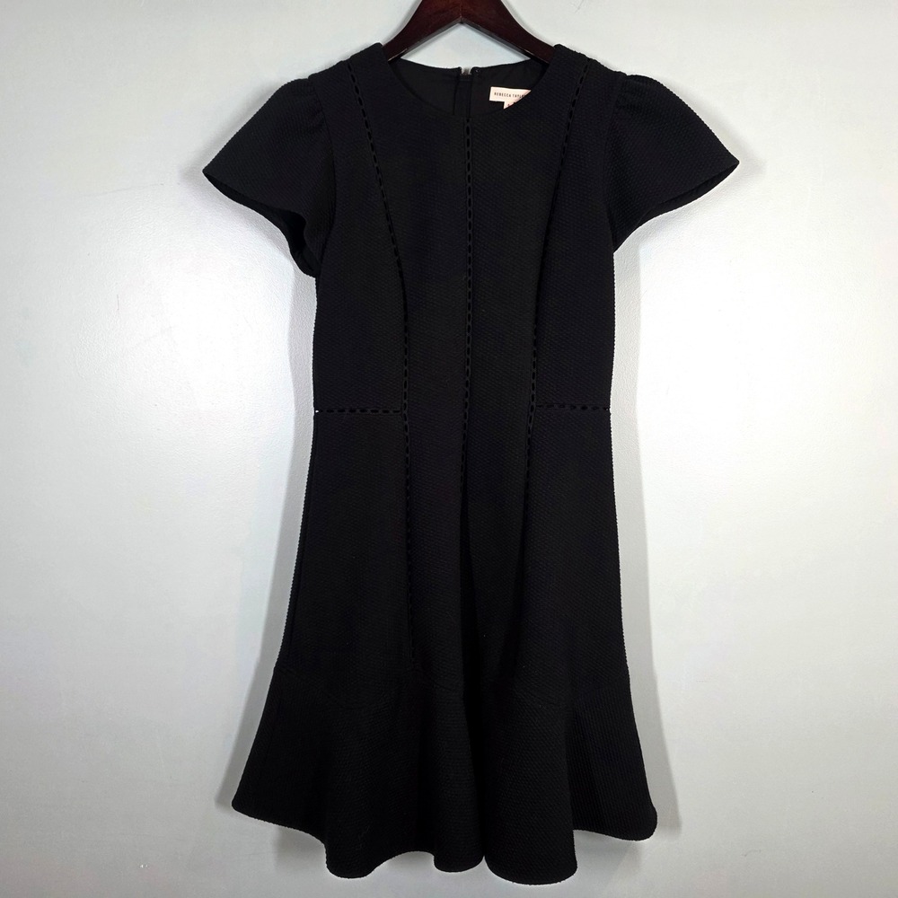 Rebecca‎ Taylor Black Textured Matelasse Fit Flare Dress Lace Trim 018209D623 6